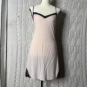 2000s Victoria's Secret pink slip dress with black lace trim and polka dots.